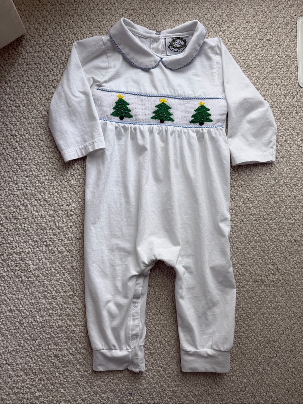 Cecil and Lou White Smocked Baby Romper with Christmas Trees